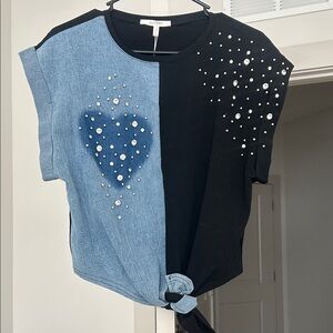 Pastels Black & Denim Blue Two-Tone Knot Front Tee